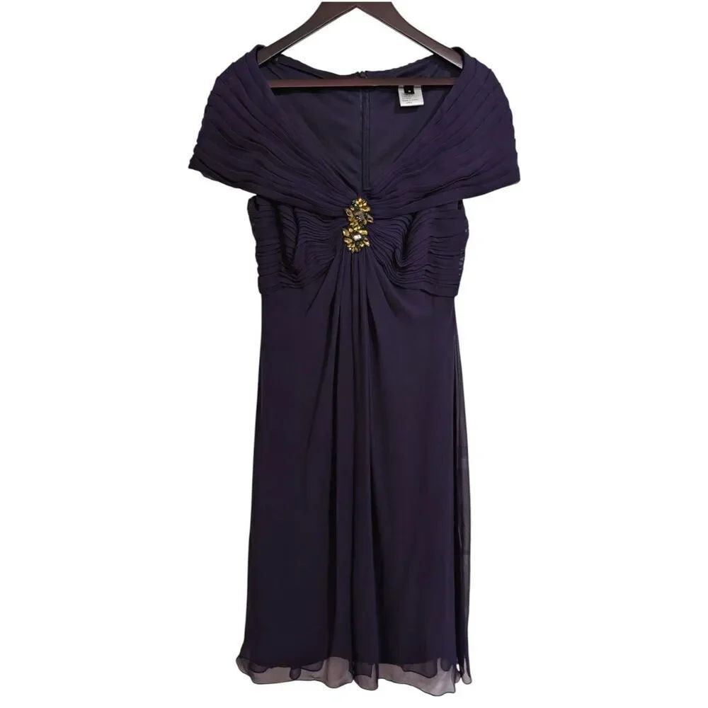 ​Tadashi Shoji 100% Silk Pleated Off Shoulder Dress Purple 8 Knee Length